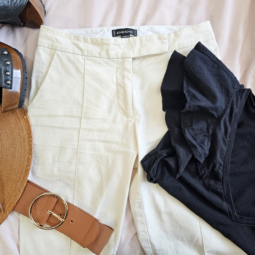 BEBE Size 0 Ivory Pants Flare Mid Rise Pants Gently Worn